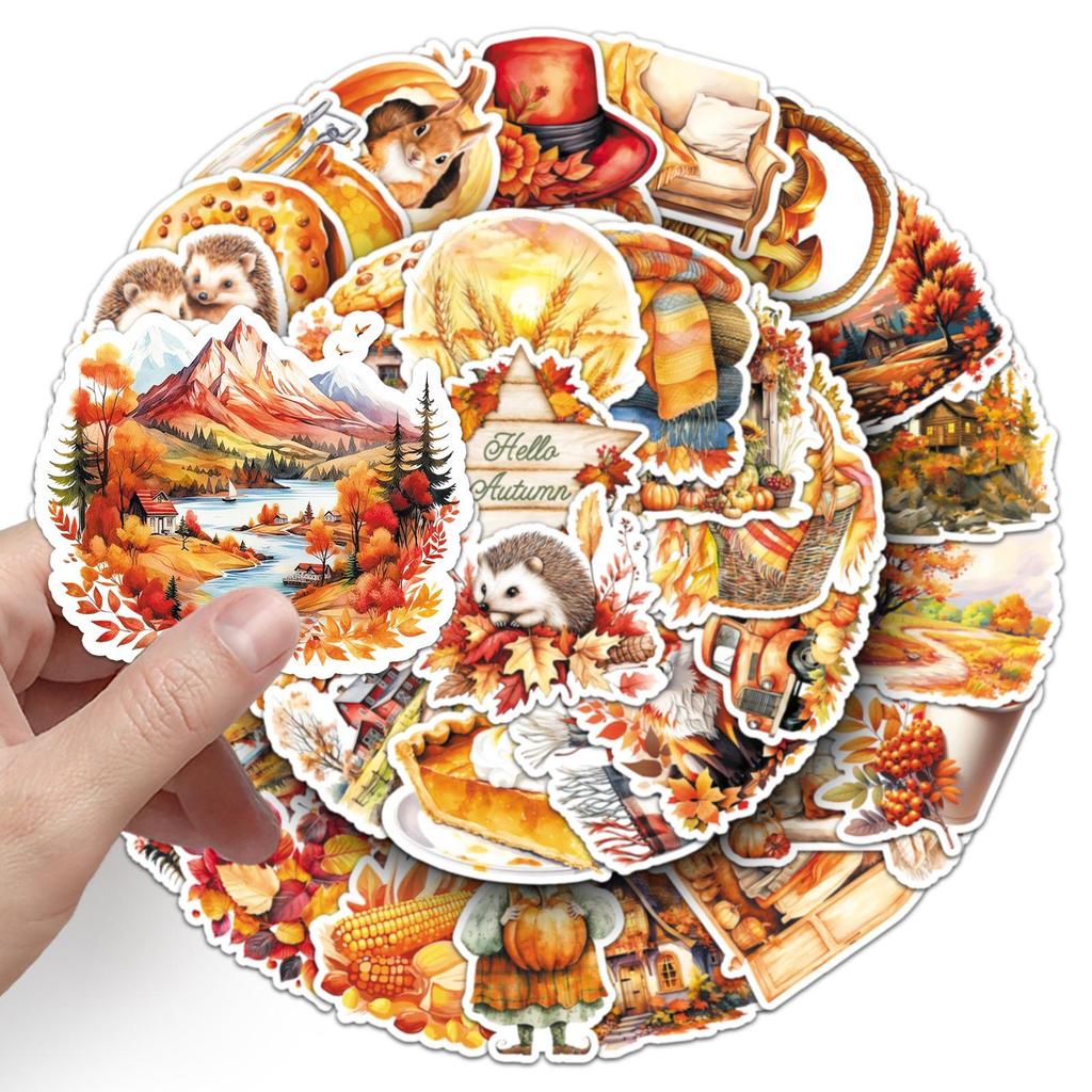 50 Blatt Goldener Herbst Sticker - Wasserdichte Cartoon-Blätter für Notizbücher