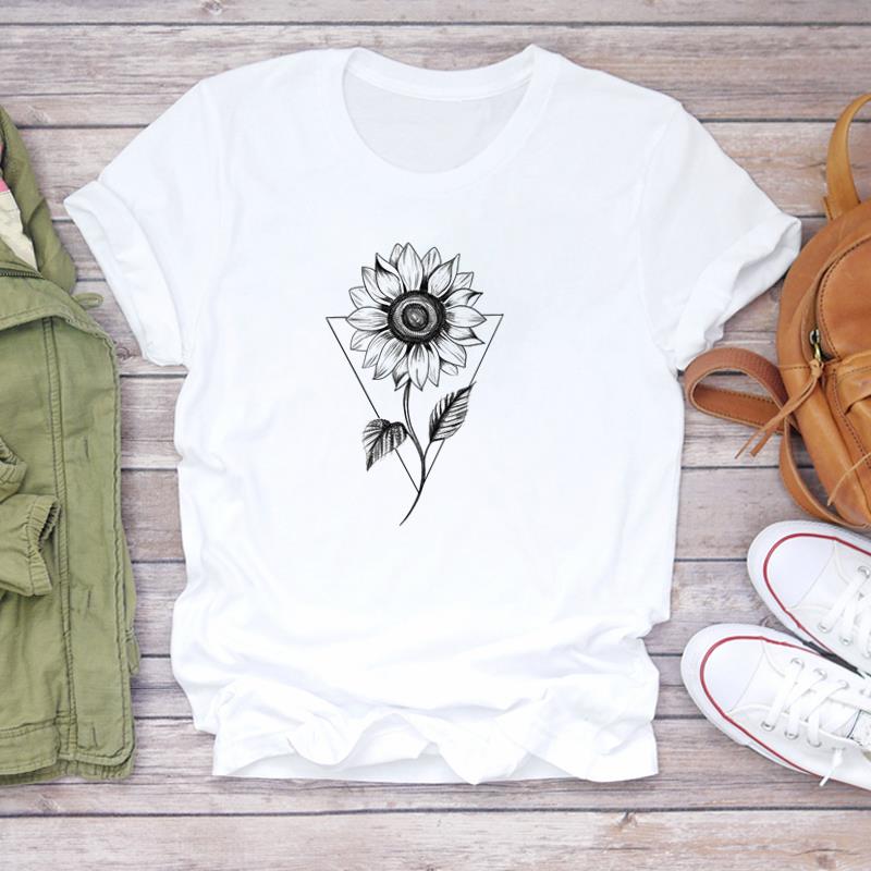 (European Size) 90s Lovely Tee Top Sweet Flower Trend Cute Clothing Short Sleeve Women Print Lady Female Fashion Tshirt Casual Graphic T-shirt
