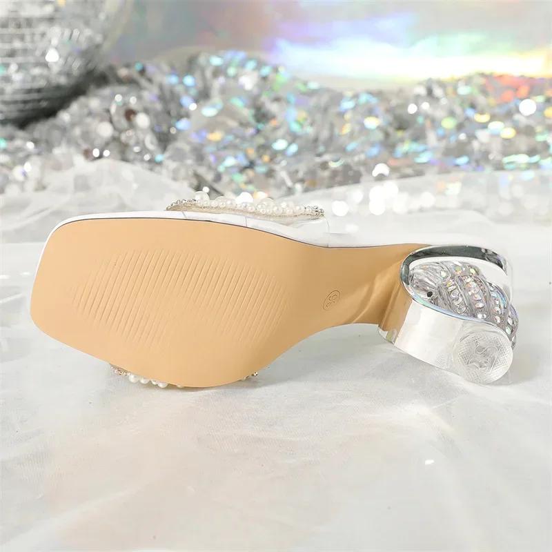 Fashion Women's Summer Slippers White Pearl Design Transparent Strange Thick Heels Gladiator Beach Sandals for Women Slides Girl Sandal