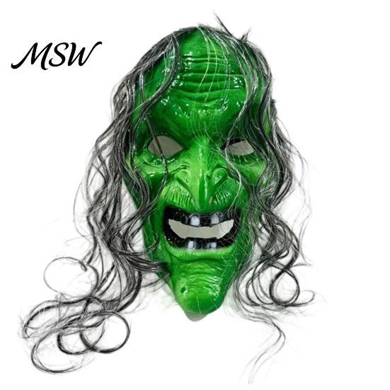 Comfortable Horror Mask for Parties Halloween Witch with Realistic Wrinkles & Fangs, Plastic Scary Old Costume Face Mask, Creepy Cosplay Prop зелёный