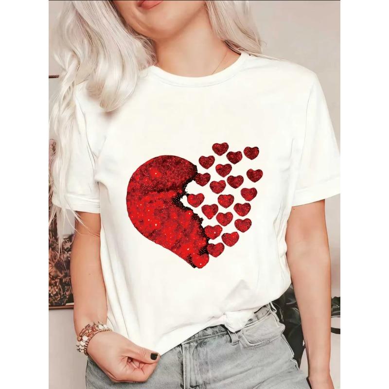 

Женская футболка с коротким рукавом и красным пайеточным разбитым сердцем (Рассыпанные маленькие сердечки) Распечатать XXXXL белый