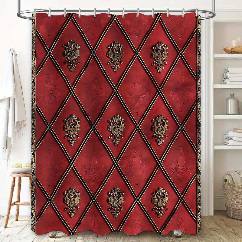 Luxury Bath Curtain with Vintage Metal Embossing Red Waterproof Shower Curtain for Home Decor (180x180cm)