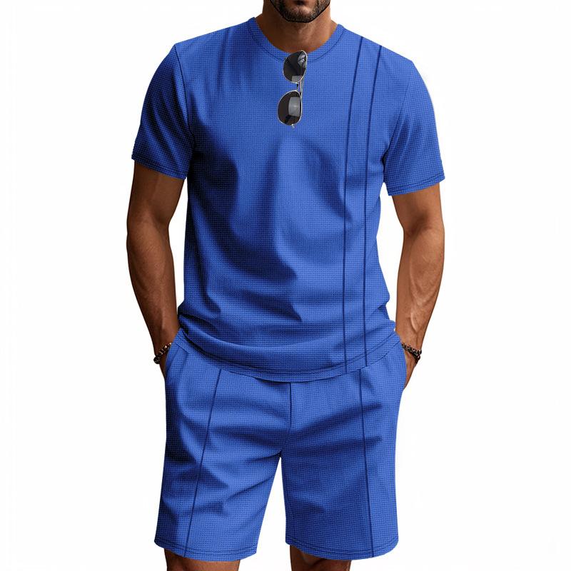 Set Cămașă Tricotată Waffle pentru Bărbați și Pantaloni Scurți 2 Piese Ținute Costum de Vară Trening Casual Set Sport