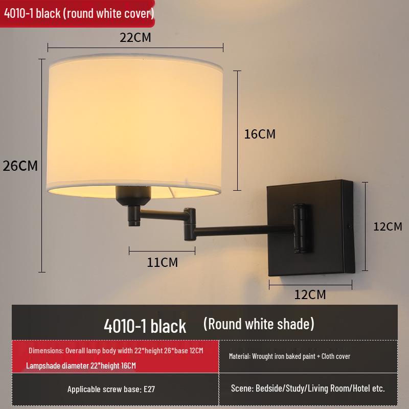 Modern LED Swing Arm Wall Light with Fabric Shade for Bedroom, Study, or Living Room.