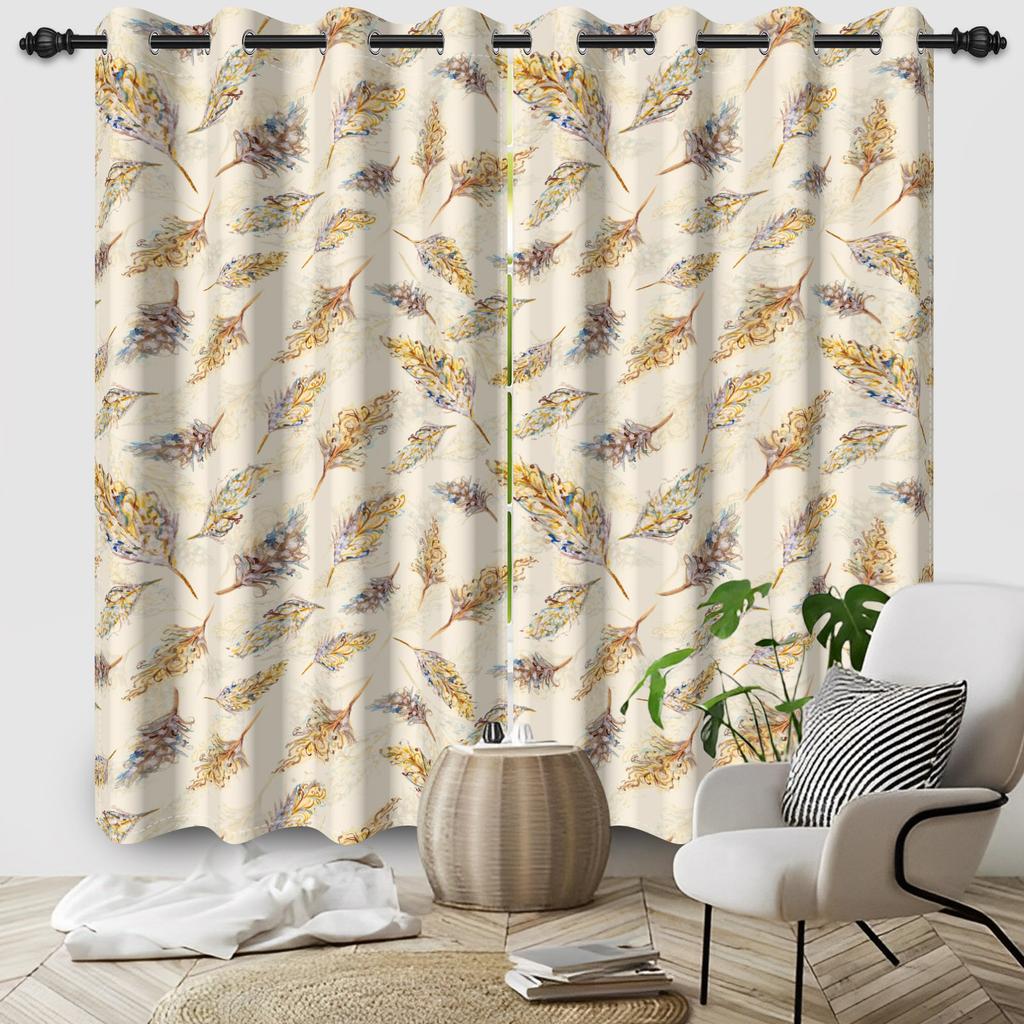 Feather Pattern Curtains Set Polyester Double Layer Window Living Room Home Interior Size Curtain Light Blocking For Area Made Of