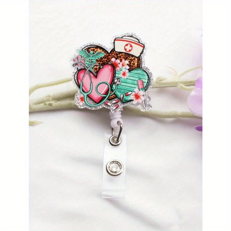 1PC Pink Heart Leopard Print Retractable Badge Reel For Nurses And Doctors Medical Staff Stylish Badge Buckle Card Holder For Hospital Workers