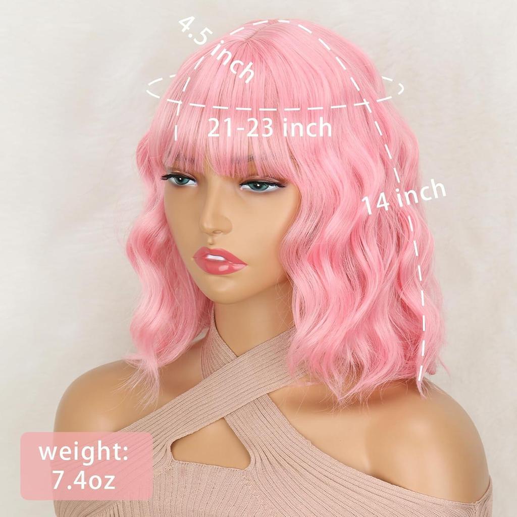 Short Pink Wigs for Women Short Wavy Light Pink Wigs with Bangs
