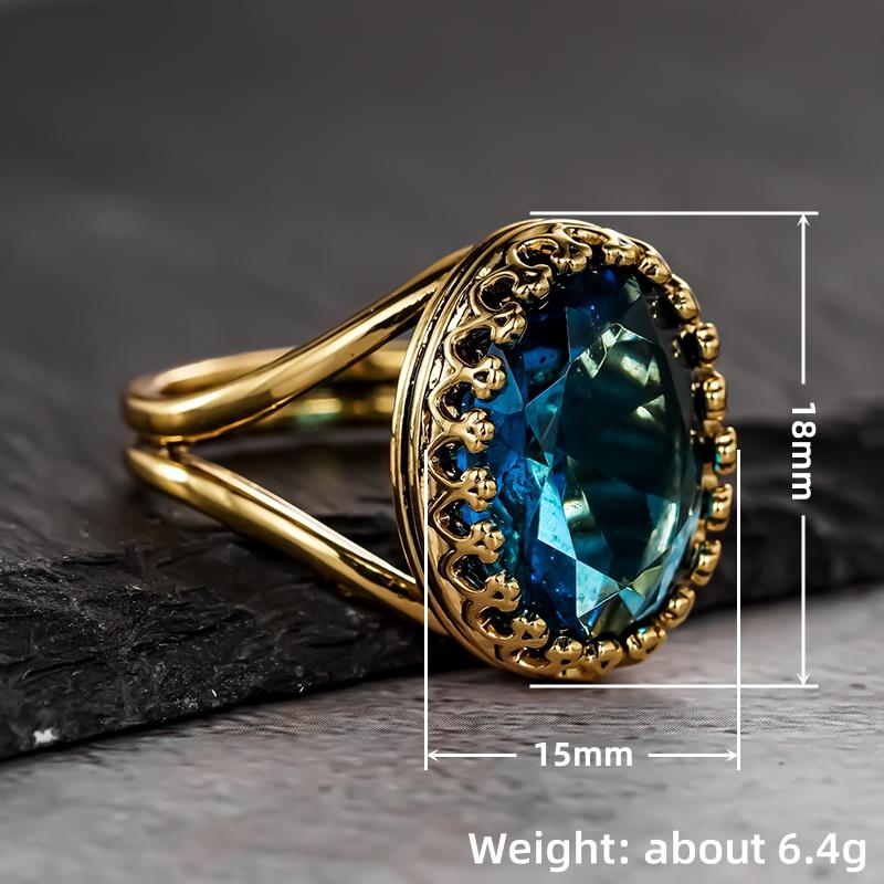 CAOSHI Metallic Gold Color Rings for Women Vintage Style Finger Accessories with Big Oval Blue Cubic Zirconia Chic Party Jewelry
