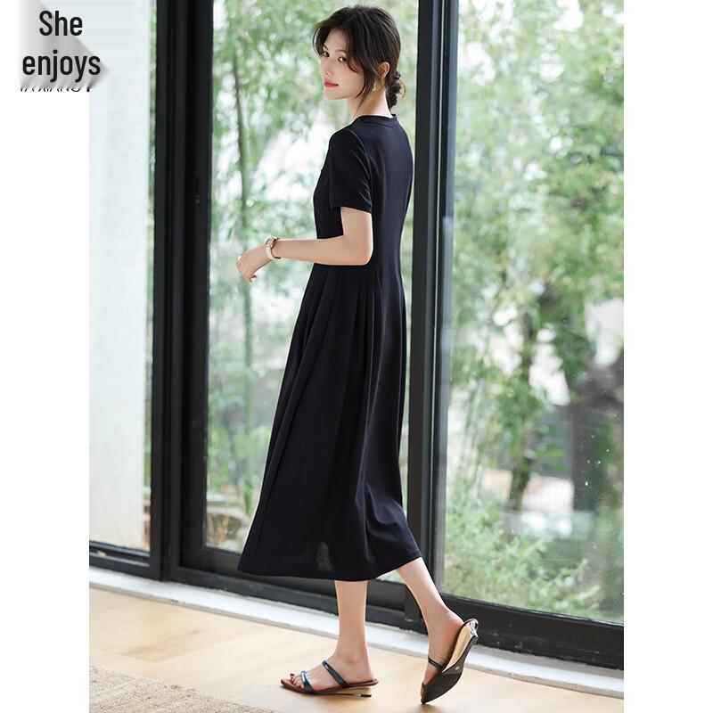 French Style V-Neck Pleated Short-Sleeve Black Midi Dress