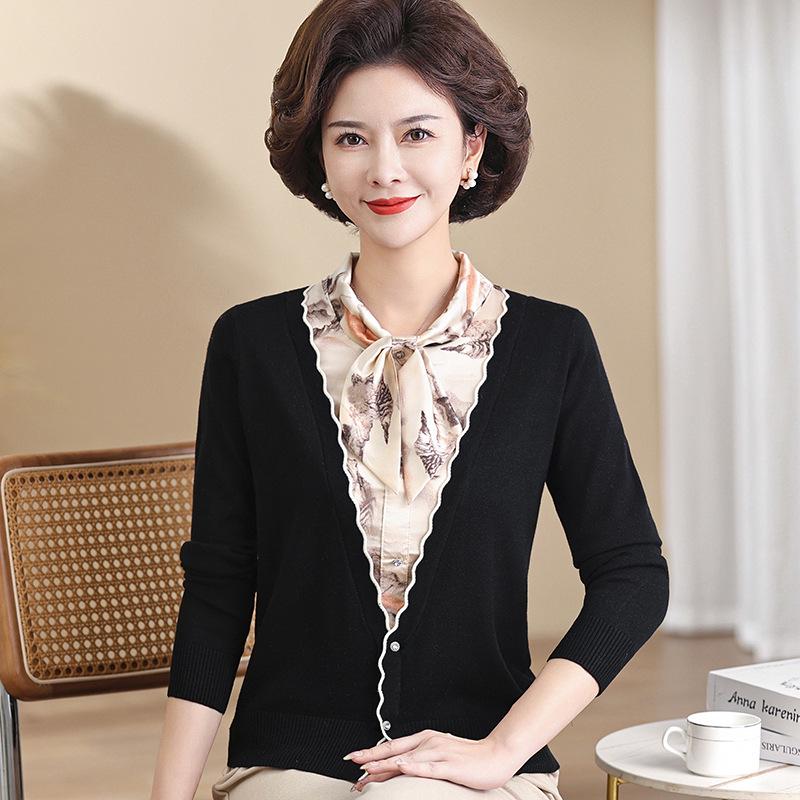 

Stylish Spring/Autumn Knit Sweater: Faux Two-Piece Design for Middle-Aged Women 3XL (135-145 lbs) чорний