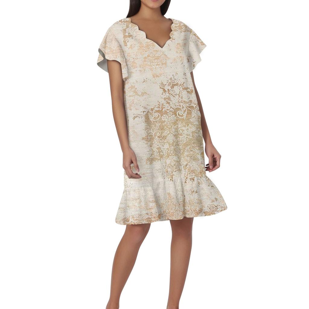 Women's Fashion Casual V Neck Wavy Edge Texture Print Short Sleeve Dress