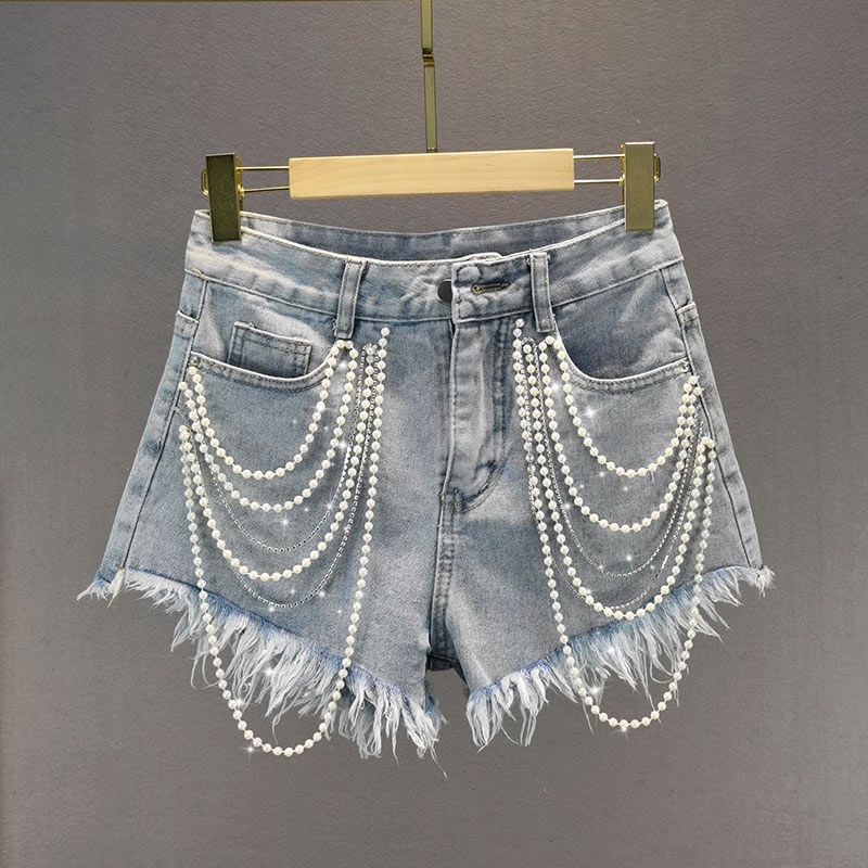 

European Station Summer Clothing High Waist Heavy Industry Raw Edge Denim Shorts Light blue S