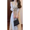 2025 Autumn French Sweet Style White Lace Long Sleeve Dress with Tie Waist