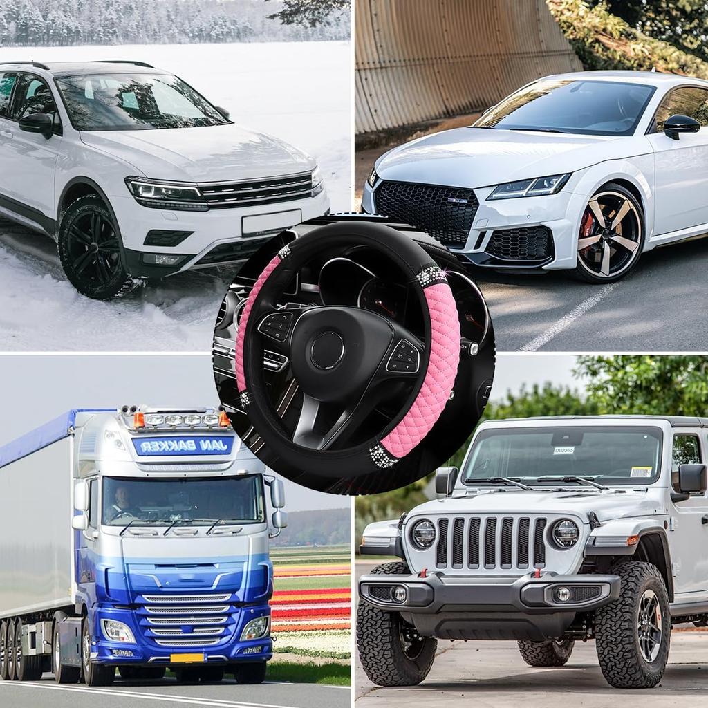 Bling Car Steering Wheel Cover, 15 Inch Rhinestones Soft Leather Elastic Steering Wheel Protector, Sparkly Crystal Diamond For Women Girls, Car