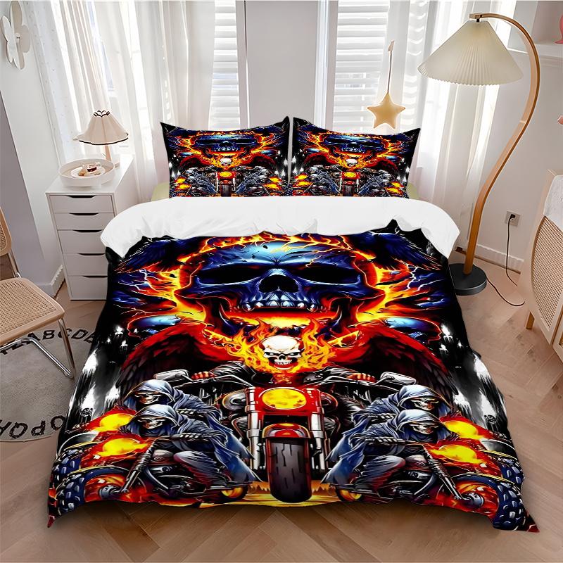 3pcs Ghost Rider Motorcycle Skull Decorative Bedding Set - Includes One Quilt Cover and Two Pillowcases (No Core) - Anime Cartoon Design for Bedroom a