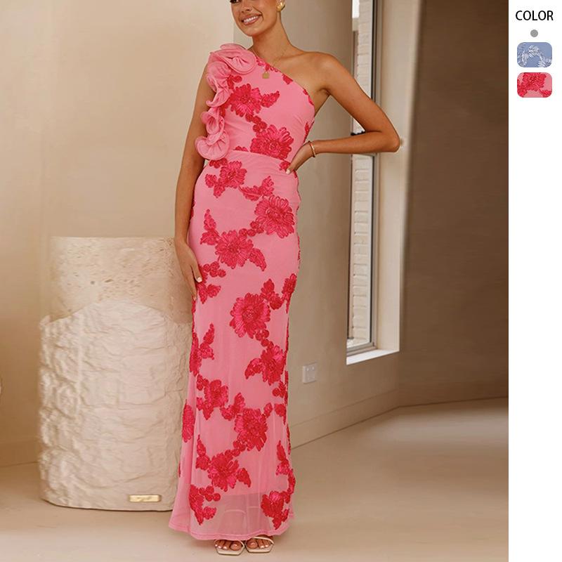 Oblique Collar Fashion Suspender Hip Wrap Sexy Three-dimensional Disc Flower Dress New Summer Products