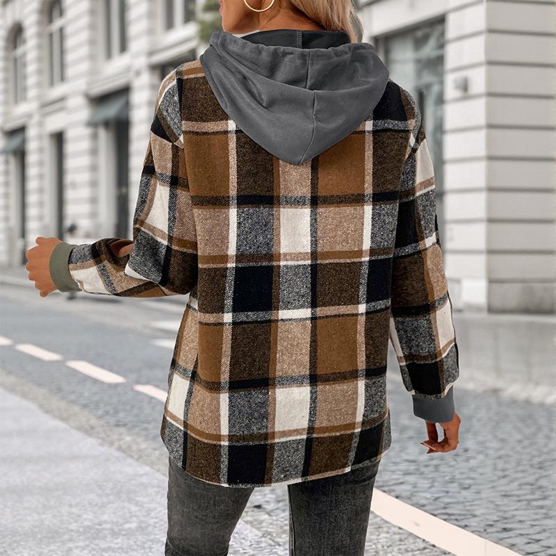 New Autumn and Winter Casual Retro Style Top, Long-sleeved Checked and Fleece Faux Two-piece Hooded Sweatshirt for Women
