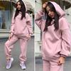 2 Pcs/Set Women Autumn Tracksuit Solid Color Loose Elastic Waist Thick Hooded Keep Warm Pocket Elastic Cuff Deep Crotch Winter
