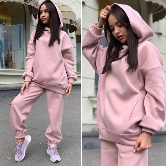 2 Pcs/Set Women Autumn Tracksuit Solid Color Loose Elastic Waist Thick Hooded Keep Warm Pocket Elastic Cuff Deep Crotch Winter
