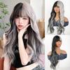 Women's Long Curly Black-Gray Wig with Fashion Highlights and Air Bangs