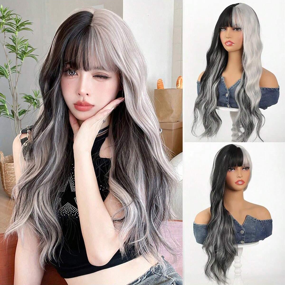 Women s Long Curly Black-Gray Wig with Fashion Highlights and Air Bangs