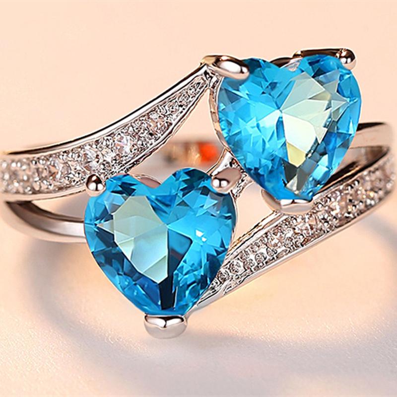 LUXY MOON Fashion Women Blue Zircon Double Heart Love Rings Wedding Decor Double Heart Zircon Ring