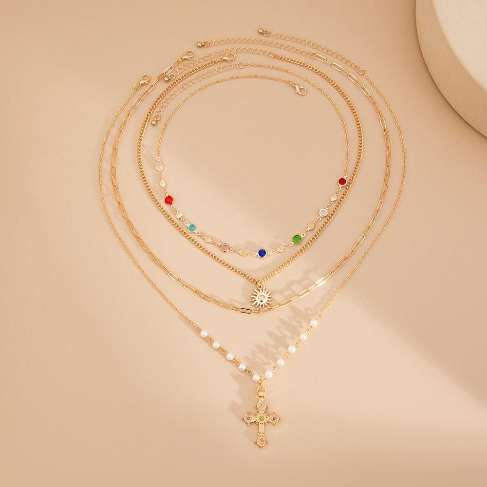 Necklace Set Cross Pendant Necklace Ethnic Style Rhinestone Necklace Love Pearl Necklace  Gift