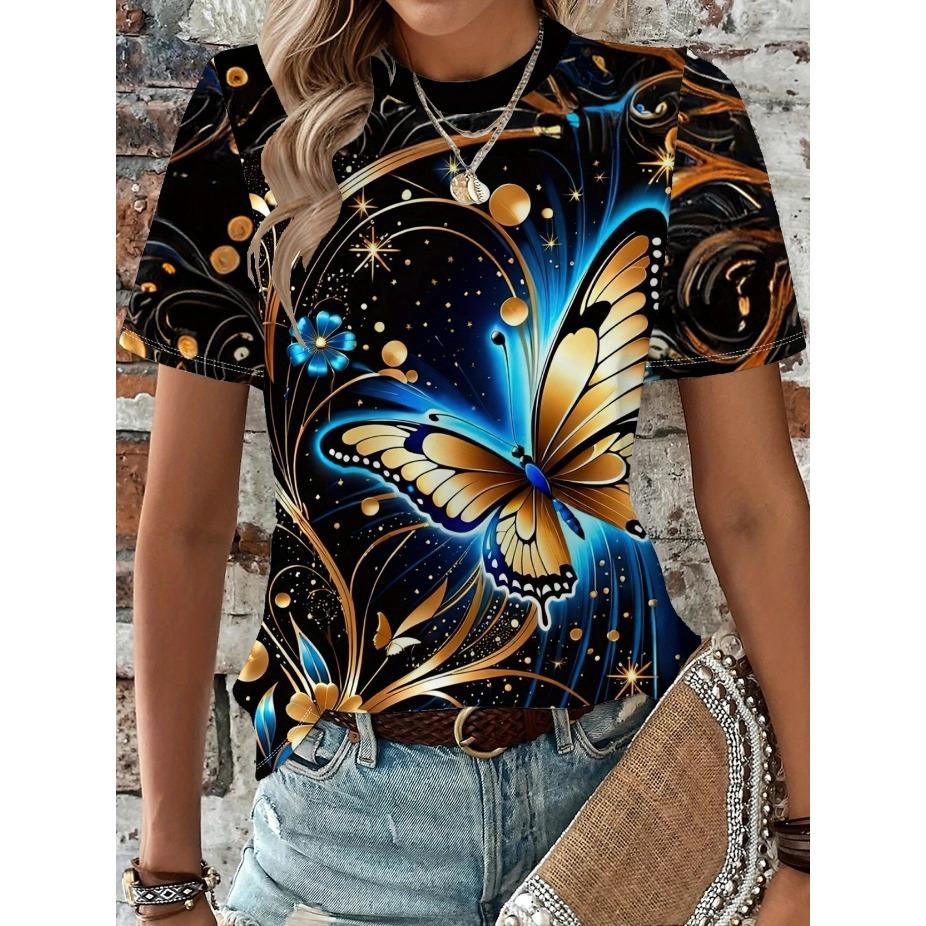 Vibrant Butterfly Print Crew Neck T-Shirt Soft Slight Stretch Polyester Regular Fit Short Sleeve Spring & Summer Womens Casual Clothing