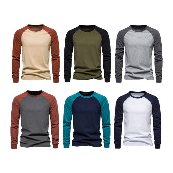 Autumn Winter Men Bottoming Top Slim Fit Raglan Sleeve Patchwork O Neck Pullover Stretchy Long Sleeves Mid Length Fitness Exercise Daily Wear Shirt