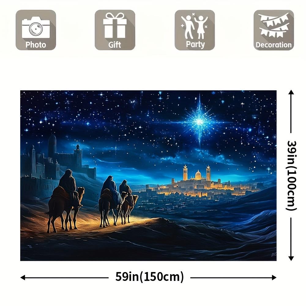 2D flat 1pc Sacred Family Jesus Nativity scene Banner - Starry Night Three Kings Christmas Background, suitable for Christmas 130x150cm