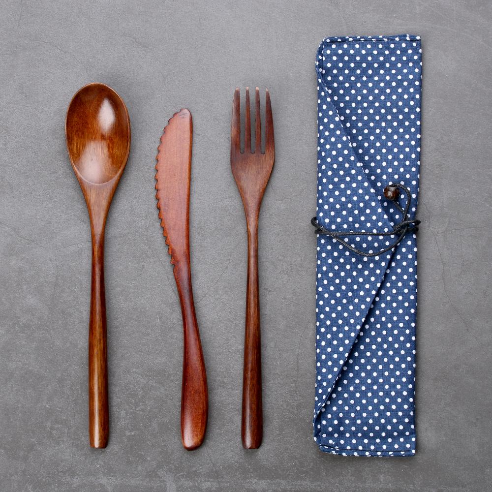New Cutter Spoon Fork Bamboo Flatware Wooden Cutlery With Bags Reusable