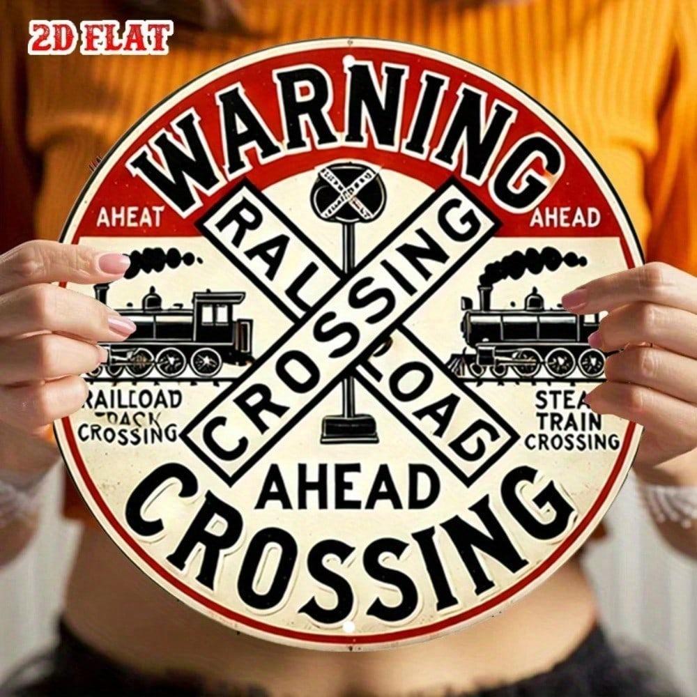Vintage Railroad Crossing Metal Sign 7.8 Inch Round Heavy Duty Train Warning Decoration Locomotive