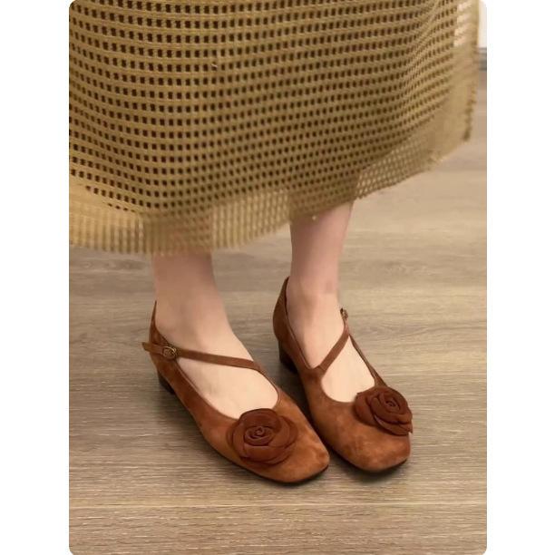 Sheepskin Version~ New Rose Temperament Single Shoes Women's French Mary Jane Shoes Square Head Shallow Mouth One Word with Flat Shoes