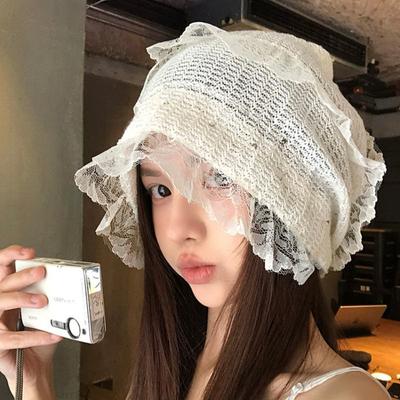Korean Lace Hollow Toe Cap for Women Cute and Versatile In Spring and Summer White Breathable Thin Big Head Circumference Hood Cap