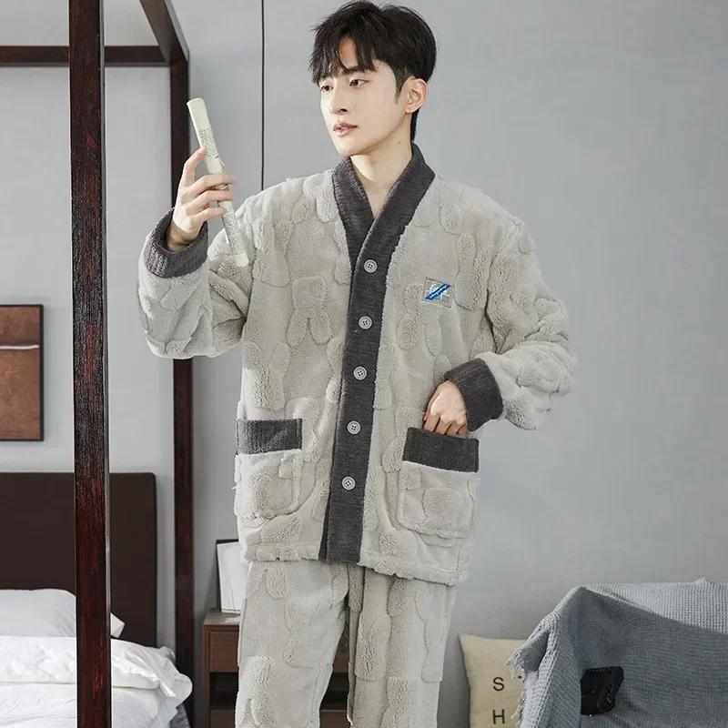 Men's Thicken Warm Pajamas Sets Flannel 2 Piece Sets Sleepwear Male Autumn Winter Home Suit Soft Nightwear Pijama Loungewer