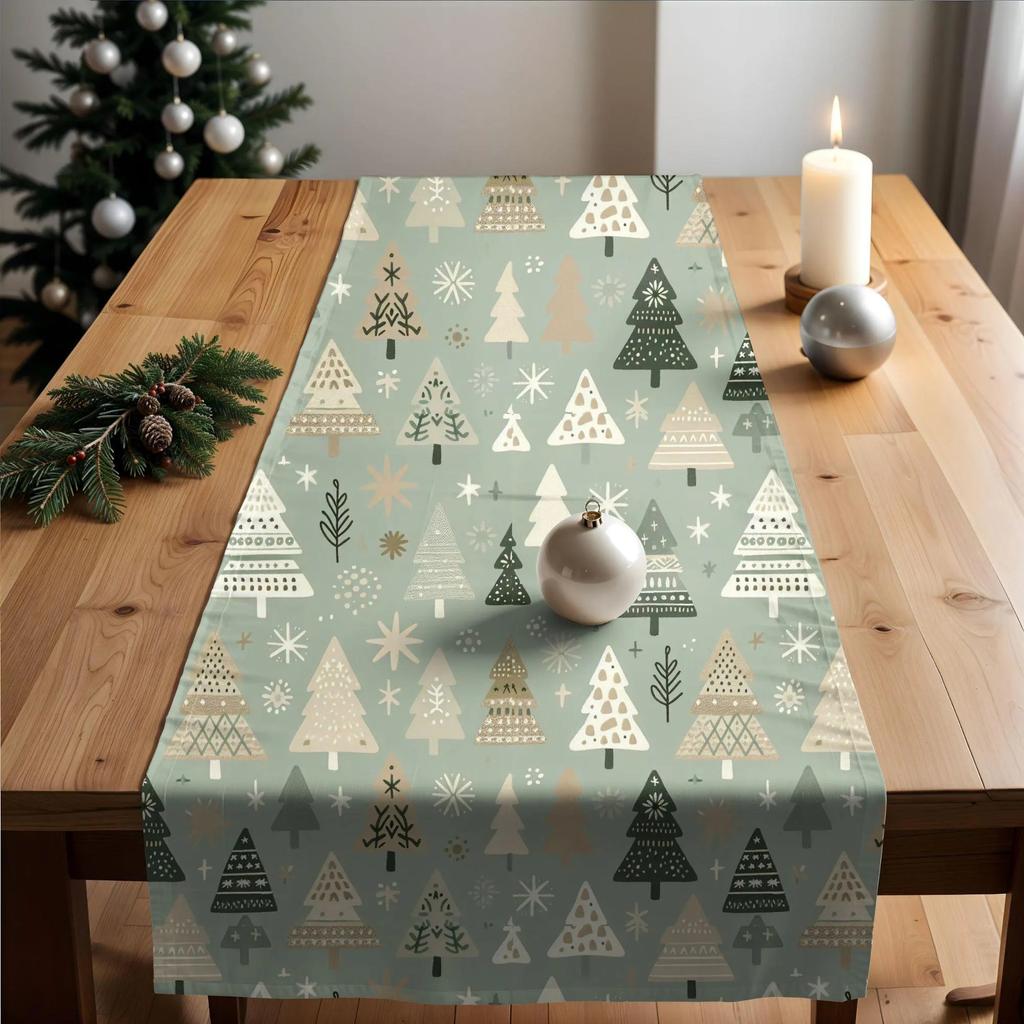 Sage Green Christmas Tree Table Runner - Boho Scandinavian Style Holiday Decor, Soft Linen Feel For Dining Table Christmas Party