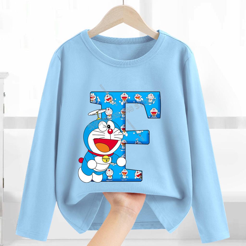 Doraemon Long Sleeve for Women Cartoon A-Z Letter Clothing Caftan Anime Clothes Blue Round Collar Blouse Gift