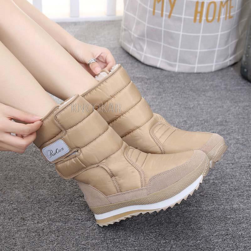 Snow Boots Women Shoes 2025 Hook & Loop Mid-calf Women Winter Boots Round Toe Solid Warm Plush Shoes Woman