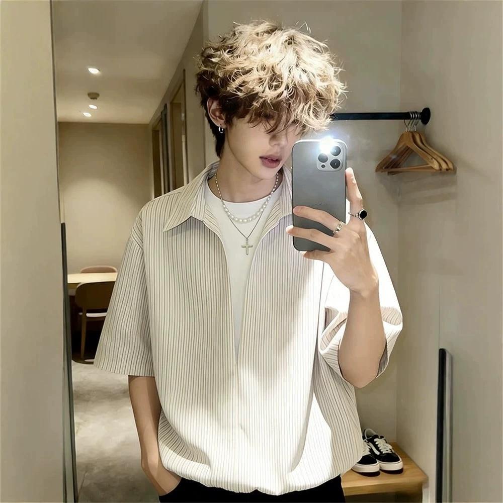Striped Shirt men Japanese Casual Oversize Trend Black Unisex gothic Short Sleeved Blouses