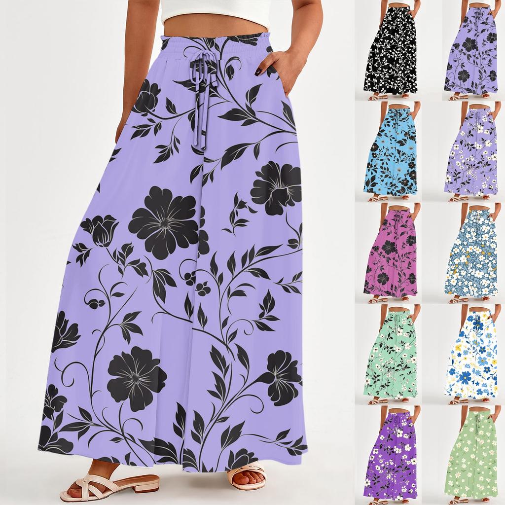 Women's Loose Casual Pants Bohemian Floral Print High Waistband Bag Flowing Pants