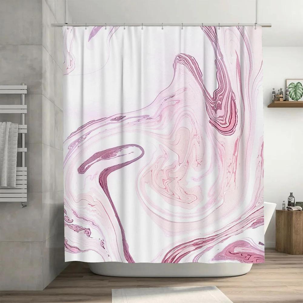Luxury Marble Print Shower Curtain Set for Bathroom Decorations Pink White Waterproof Fabric with Plastic Rods Large