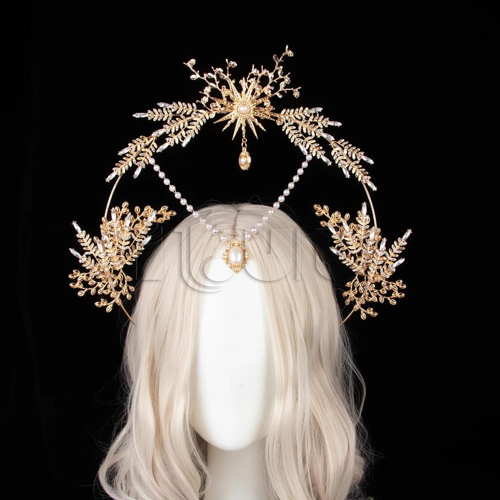 Corona Halo KC Dea del Sole Lolita Fatta a Mano Corona Nuziale Sposa Corona Foglia Cristallo Dorato Barocco Accessori per Capelli Tiara