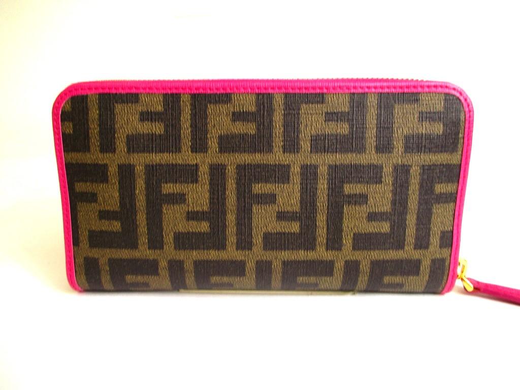 Authentic FENDI Zucca Khaki Canvas Shocking Pink Leather Round Zip Long Wallet #a221  Refurbished