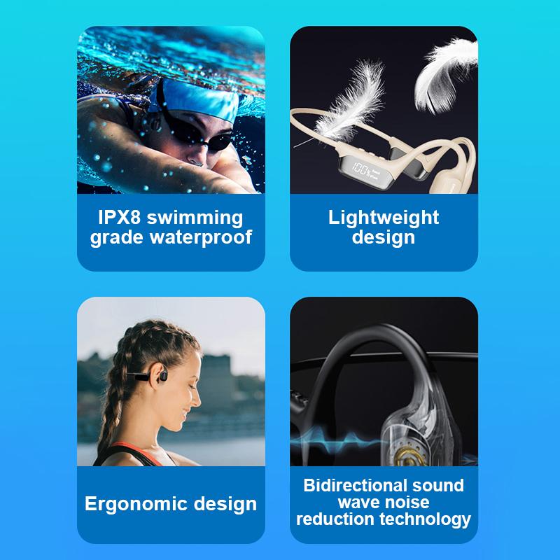 Wireless Ipx8 Waterproof Bone Conduction Headphone With 32G For Swimming Sporters Ear-Hook Open Ear Earphone Led Display Screen