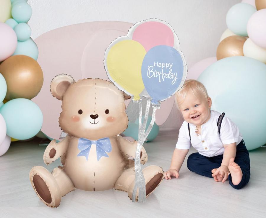 Balon Foliowy Siedzący Miś Z Balonami 3D Misiu Urodziny Roczek 41X76X31Cm