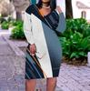 Women Plus Size V Neck Long Sleeve Radial Printed Black Orange Beige Straight Hem Dress