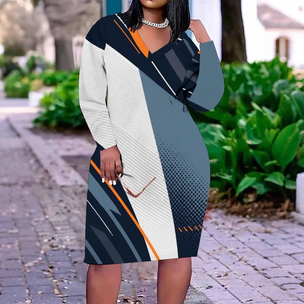 Women Plus Size V Neck Long Sleeve Radial Printed Black Orange Beige Straight Hem Dress