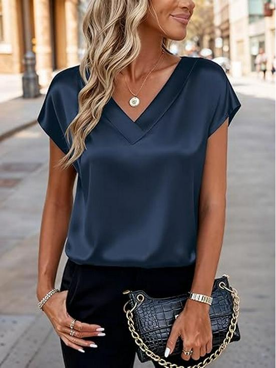 Women's Solid Color Satin V-Neck T-Shirt - Spring/Summer Casual Business Top