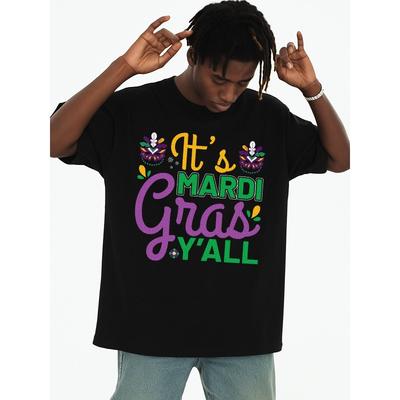 Europäische Größen Herren Mardi Gras Y'all Grafik-T-Shirt - Lebendiges Fleur-de-Lis & Perlen-Design, Atmungsaktiv, Rundhalsausschnitt, Kurzarm