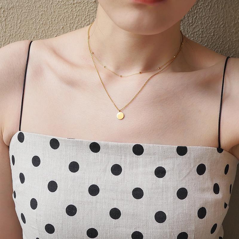 18K Gold-Plated Titanium Steel Round Disc Necklace - Classic European & American Layered Clavicle Chain Jewelry